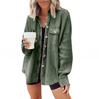 Women's Loose Fit Batwing Sleeve Waffle Knit Button Down Shirt Shacket Tops