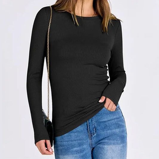 Women Long Sleeve Crewneck Rib Knit Slim Fit Shirts Basic Tee Tops